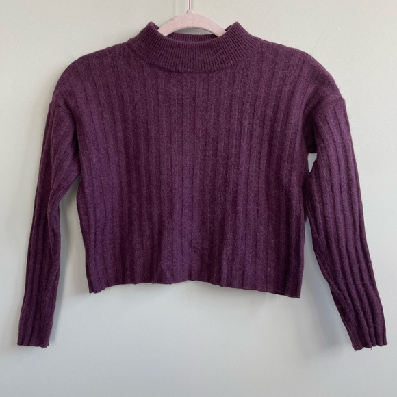 Madewell Wool Blend Mock Neck Cropped Sweater Plum Purple Ribbed - Picture 4 of 11